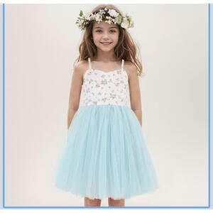 Flofallzique Rosebud Floral Baby Blue Halter Smocked Tutu Dress Girls Sz 7